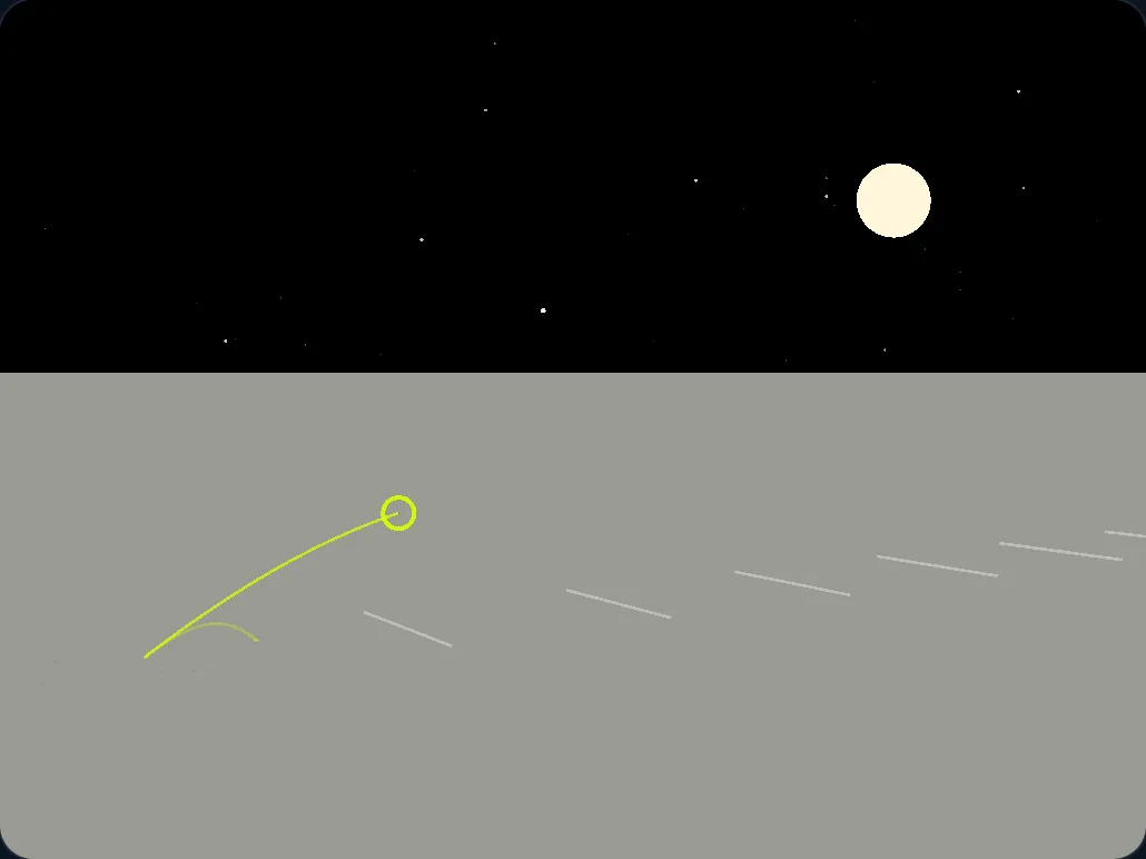 A ball hanging high above grey lunar ground under a black sky